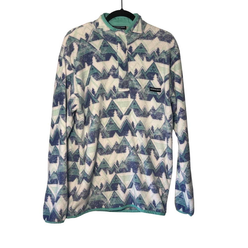 Southern Marsh Womens Blue Mint Mountain Print Fleece Snap Pullover Large Preppy